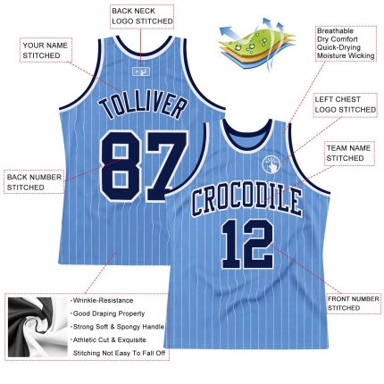 Custom Light Blue White Pinstripe Basketball Jersey with Name & Number - Authentic Team Gear Personalized Light Blue White