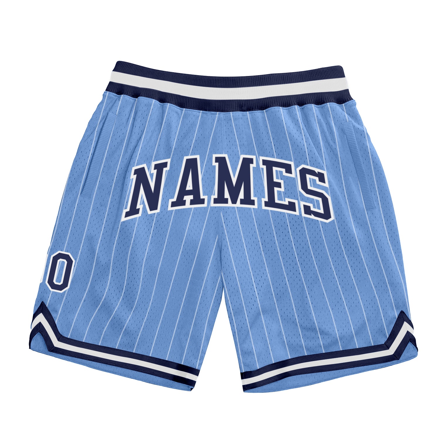 Custom Personalized Light Blue White Pinstripe Basketball Shorts with Navy-White Team Name and Number Personalized Light