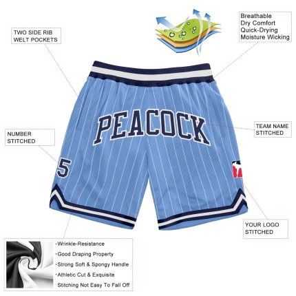Custom Personalized Light Blue White Pinstripe Basketball Shorts with Navy-White Team Name and Number Personalized Light