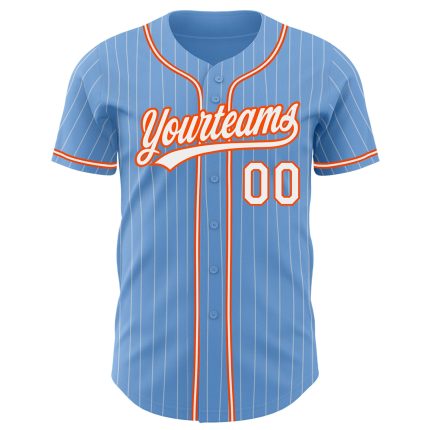 Personalized Light Blue White Pinstripe Baseball Jersey with Orange Accents Personalized Light Blue White Pinstripe Orange