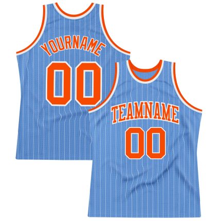 Custom Light Blue White Pinstripe Basketball Jersey with Orange Details - Personalized Name and Number Personalized Light