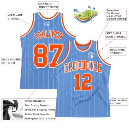 Custom Light Blue White Pinstripe Basketball Jersey with Orange Details - Personalized Name and Number Personalized Light
