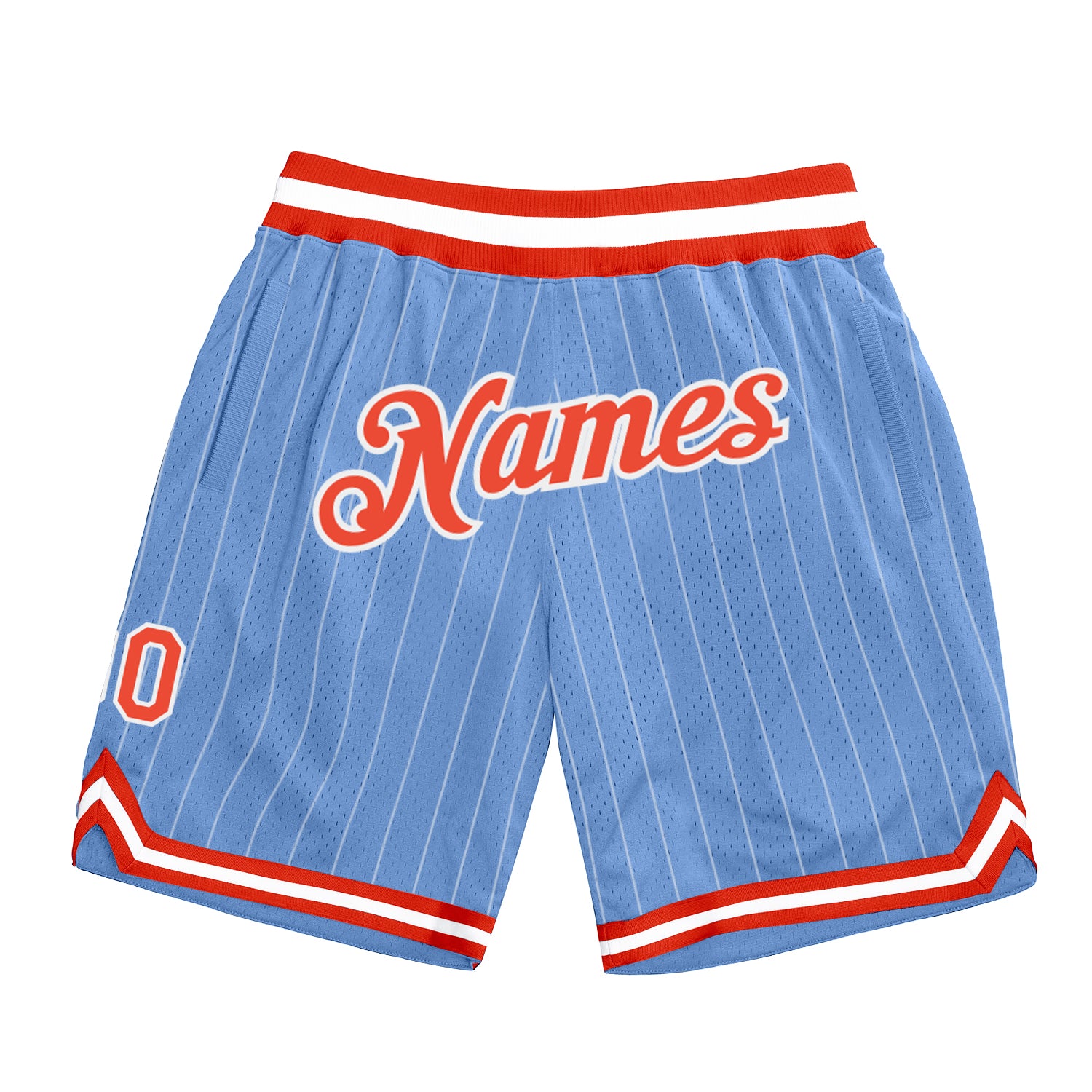 Custom Name and Number Personalized Light Blue White Pinstripe Basketball Shorts - Orange-White Authentic Team Gear Personalized