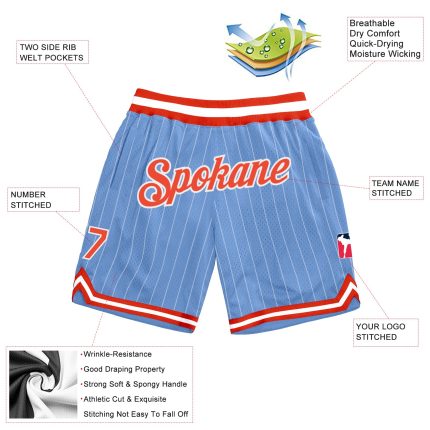 Custom Name and Number Personalized Light Blue White Pinstripe Basketball Shorts - Orange-White Authentic Team Gear Personalized