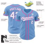 Custom Name and Number Authentic Baseball Jersey Light Blue White Pinstripe with Pink Details Personalized Light Blue White