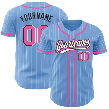 Personalized Authentic Baseball Jersey in Light Blue White Pinstripe with Pink and Black Details Personalized Light Blue