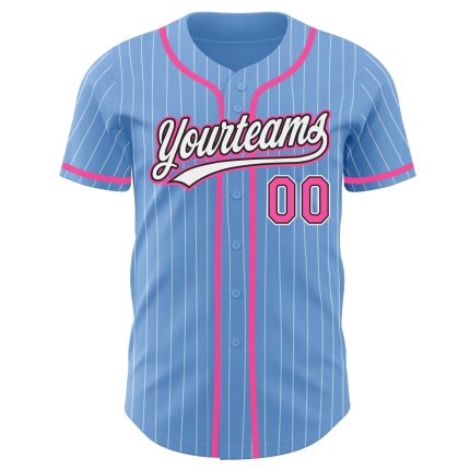 Personalized Authentic Baseball Jersey in Light Blue White Pinstripe with Pink and Black Details Personalized Light Blue