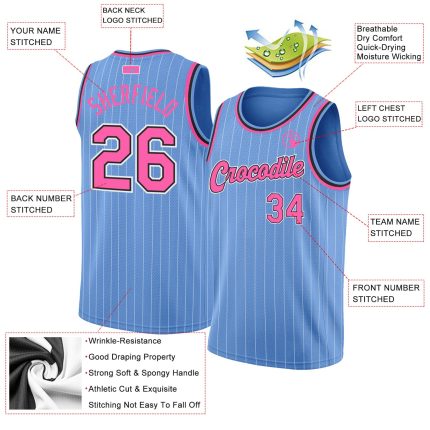 Custom Personalized Basketball Jersey - Light Blue White Pinstripe with Pink Black Trim, Team Name & Number Personalized