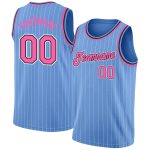 Custom Personalized Basketball Jersey - Light Blue White Pinstripe with Pink Black Trim, Team Name & Number Personalized