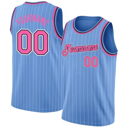Custom Personalized Basketball Jersey - Light Blue White Pinstripe with Pink Black Trim, Team Name & Number Personalized