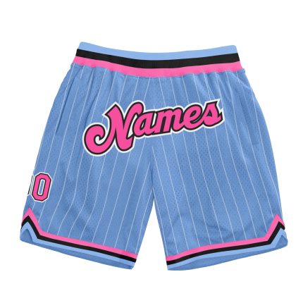 Custom Basketball Shorts with Team Name and Number - Light Blue White Pinstripe Pink-Black Authentic Design Personalized