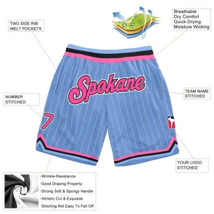 Custom Basketball Shorts with Team Name and Number - Light Blue White Pinstripe Pink-Black Authentic Design Personalized
