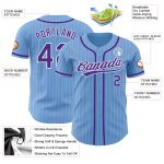 Customizable Light Blue and White Pinstripe Baseball Jersey with Purple Accents, Personalized Name and Number Personalized