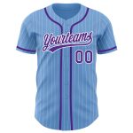 Customizable Light Blue and White Pinstripe Baseball Jersey with Purple Accents, Personalized Name and Number Personalized