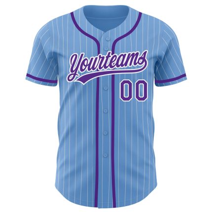 Customizable Light Blue and White Pinstripe Baseball Jersey with Purple Accents, Personalized Name and Number Personalized