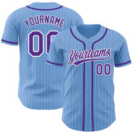 Customizable Light Blue and White Pinstripe Baseball Jersey with Purple Accents, Personalized Name and Number Personalized