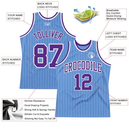 Custom Basketball Jersey with Personalized Name and Number, Light Blue White Pinstripe, Authentic Design Personalized Light