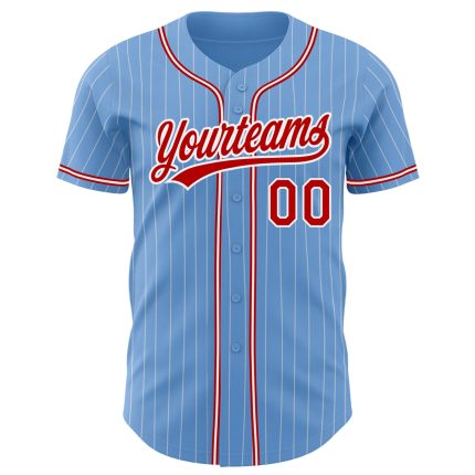 Custom Name and Number Authentic Baseball Jersey - Personalized Light Blue White Pinstripe Red Team Jersey Personalized Light