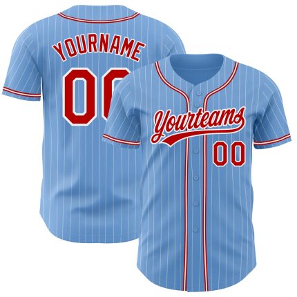 Custom Name and Number Authentic Baseball Jersey - Personalized Light Blue White Pinstripe Red Team Jersey Personalized Light