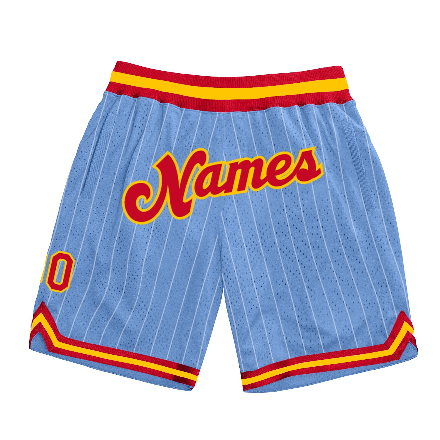 Custom Team Basketball Shorts with Name and Number - Light Blue White Pinstripe Red-Gold Authentic Design Personalized Light