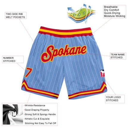 Custom Team Basketball Shorts with Name and Number - Light Blue White Pinstripe Red-Gold Authentic Design Personalized Light