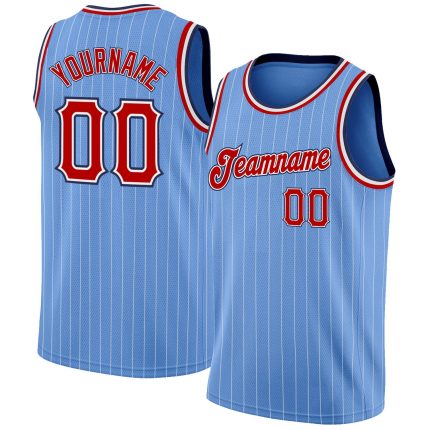 Custom Name and Number Authentic Basketball Jersey - Light Blue White Pinstripe Red Navy Personalized Light Blue White Pinstripe