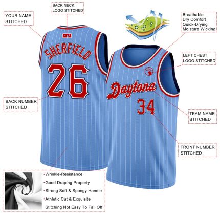 Custom Name and Number Authentic Basketball Jersey - Light Blue White Pinstripe Red Navy Personalized Light Blue White Pinstripe