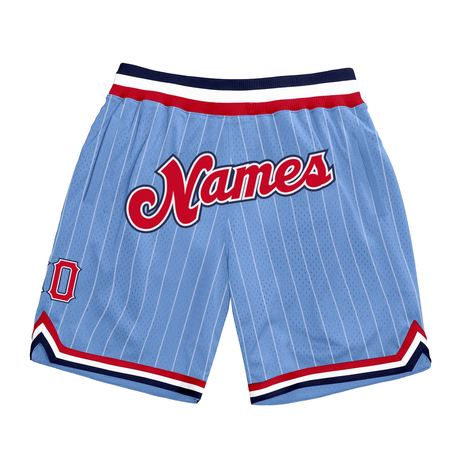 Custom Team Basketball Shorts with Name and Number - Light Blue White Pinstripe Red-Navy Authentic Design Personalized Light