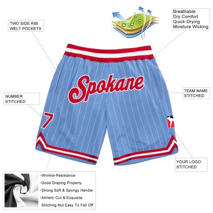 Custom Name Number Basketball Shorts Light Blue White Pinstripe Red-White Authentic Team Personalized Light Blue White Pinstripe