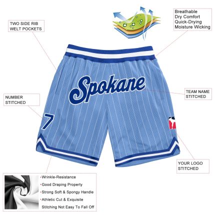Custom Name and Number Authentic Basketball Shorts - Light Blue White Pinstripe Royal-White Personalized Light Blue White