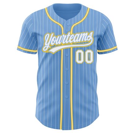 Personalized Light Blue White Pinstripe Baseball Jersey with White-Gold Accents Personalized Light Blue White Pinstripe White-Gold