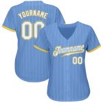Custom Name and Number Personalized Light Blue White Pinstripe Baseball Jersey - Authentic White-Gold Team Jersey Personalized