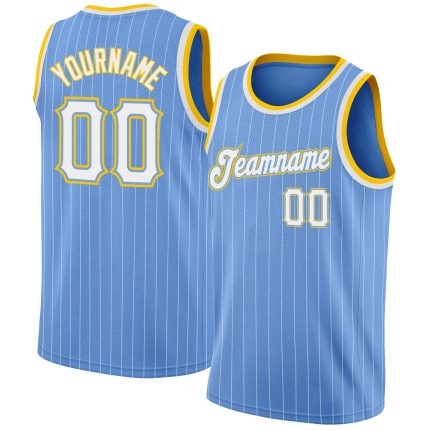 Custom Light Blue White Pinstripe Basketball Jersey with Authentic White-Gold Design, Personalized Name & Number Personalized