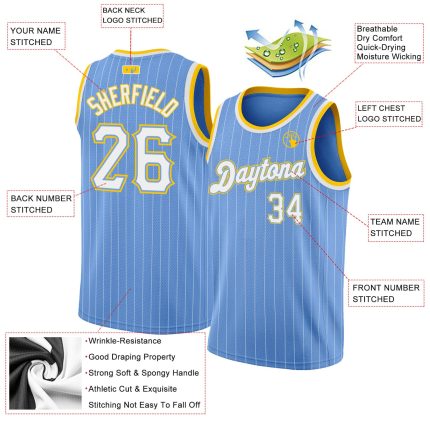 Custom Light Blue White Pinstripe Basketball Jersey with Authentic White-Gold Design, Personalized Name & Number Personalized