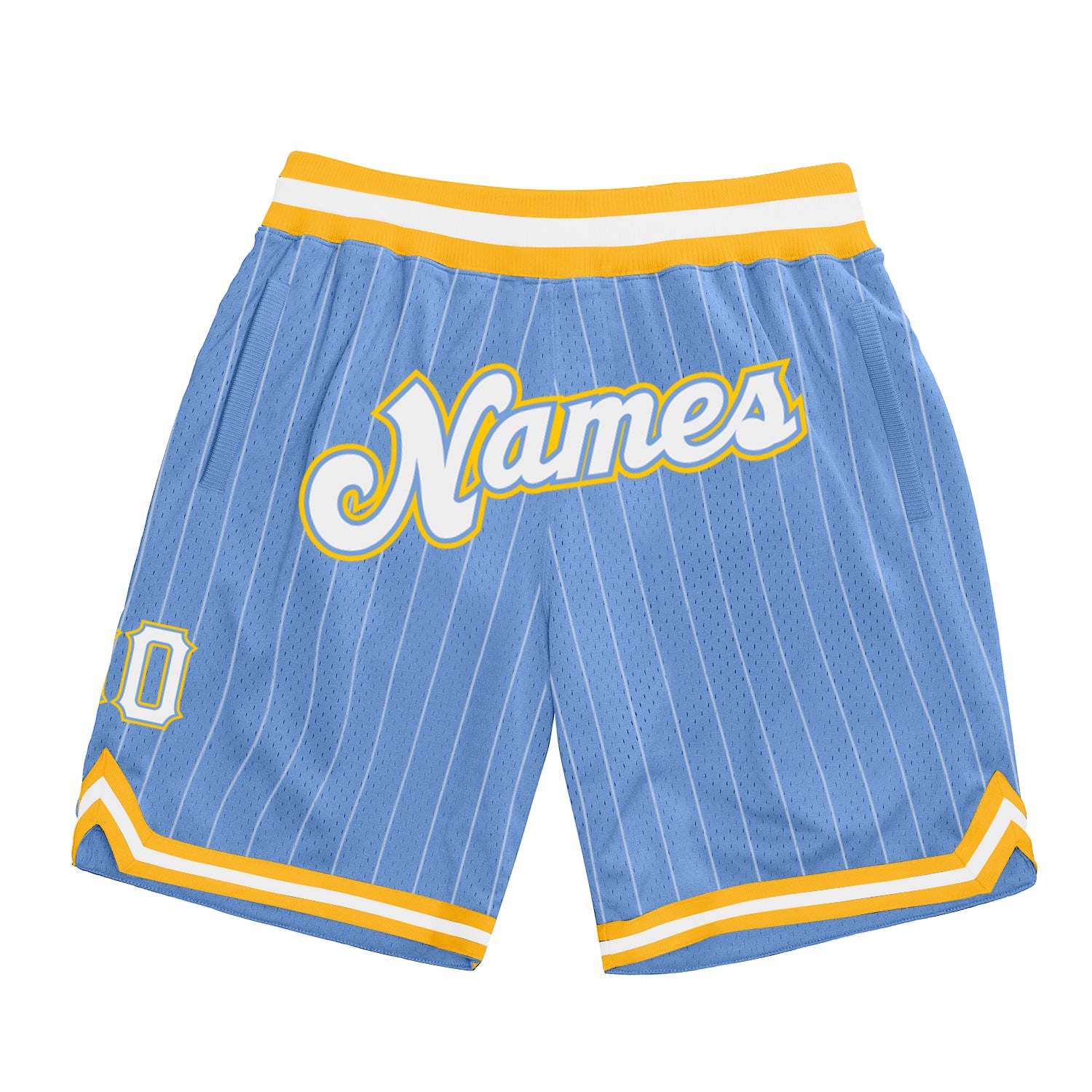 Custom Light Blue and White Pinstripe Basketball Shorts with Gold Accents, Personalized Team Name and Number Personalized