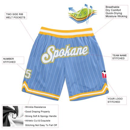 Custom Light Blue and White Pinstripe Basketball Shorts with Gold Accents, Personalized Team Name and Number Personalized
