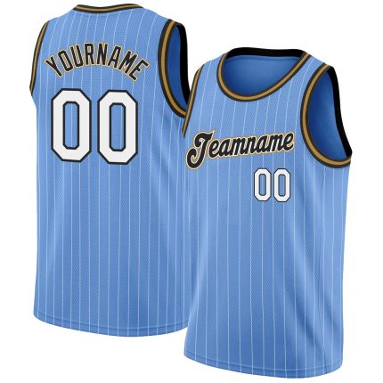 Custom Name and Number Authentic Basketball Jersey - Light Blue White Pinstripe, White-Old Gold Personalized Light Blue White