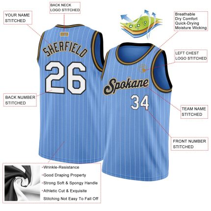 Custom Name and Number Authentic Basketball Jersey - Light Blue White Pinstripe, White-Old Gold Personalized Light Blue White