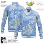 Custom Team Bomber Jacket with 3D Plant and Flower Pattern - Light Blue Varsity Full-Snap Design, Personalized Name & Number