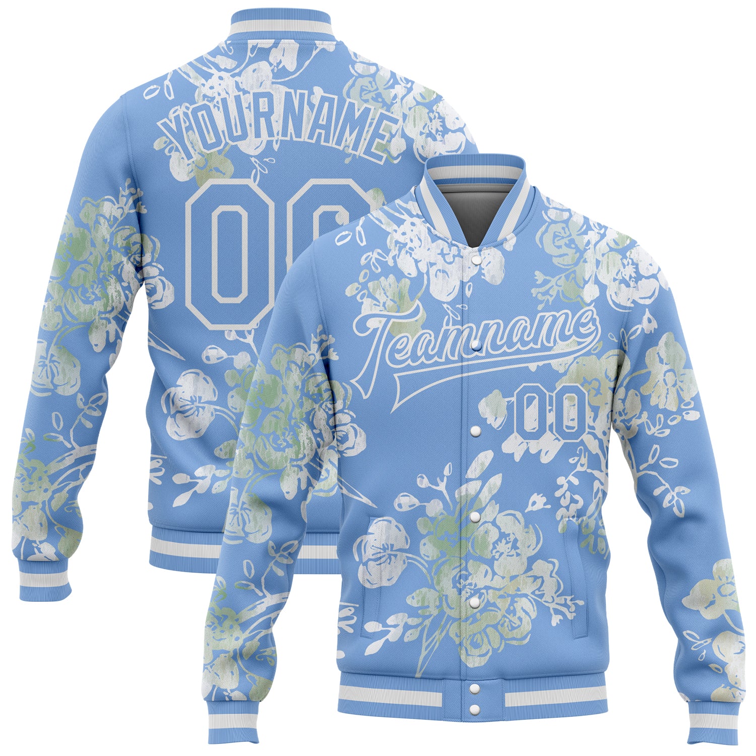 Custom Team Bomber Jacket with 3D Plant and Flower Pattern - Light Blue Varsity Full-Snap Design, Personalized Name & Number