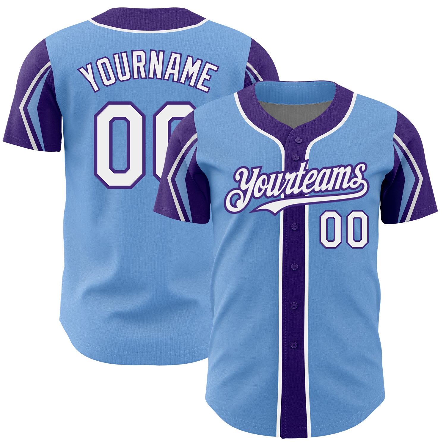 Custom Name Number Authentic Baseball Jersey in Light Blue White Purple - Personalized 3-Color Arm Shapes Design Personalized