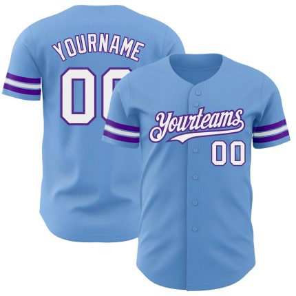 Custom Name and Number Authentic Baseball Jersey - Personalized Light Blue White-Purple Design Personalized Light Blue White-Purple