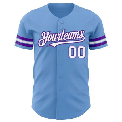 Custom Name and Number Authentic Baseball Jersey - Personalized Light Blue White-Purple Design Personalized Light Blue White-Purple