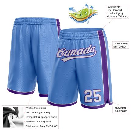 Custom Name Number Authentic Basketball Shorts Light Blue White Purple Team Personalized Light Blue White-Purple Authentic
