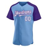 Custom Light Blue White-Purple Baseball Jersey with Personalized Name and Number - Authentic Raglan Sleeves Personalized