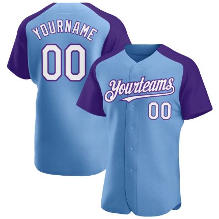 Custom Light Blue White-Purple Baseball Jersey with Personalized Name and Number - Authentic Raglan Sleeves Personalized