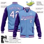Custom Two Tone Bomber Jacket - Light Blue White-Purple Full-Snap Varsity Letterman with Personalized Name and Number Personalized