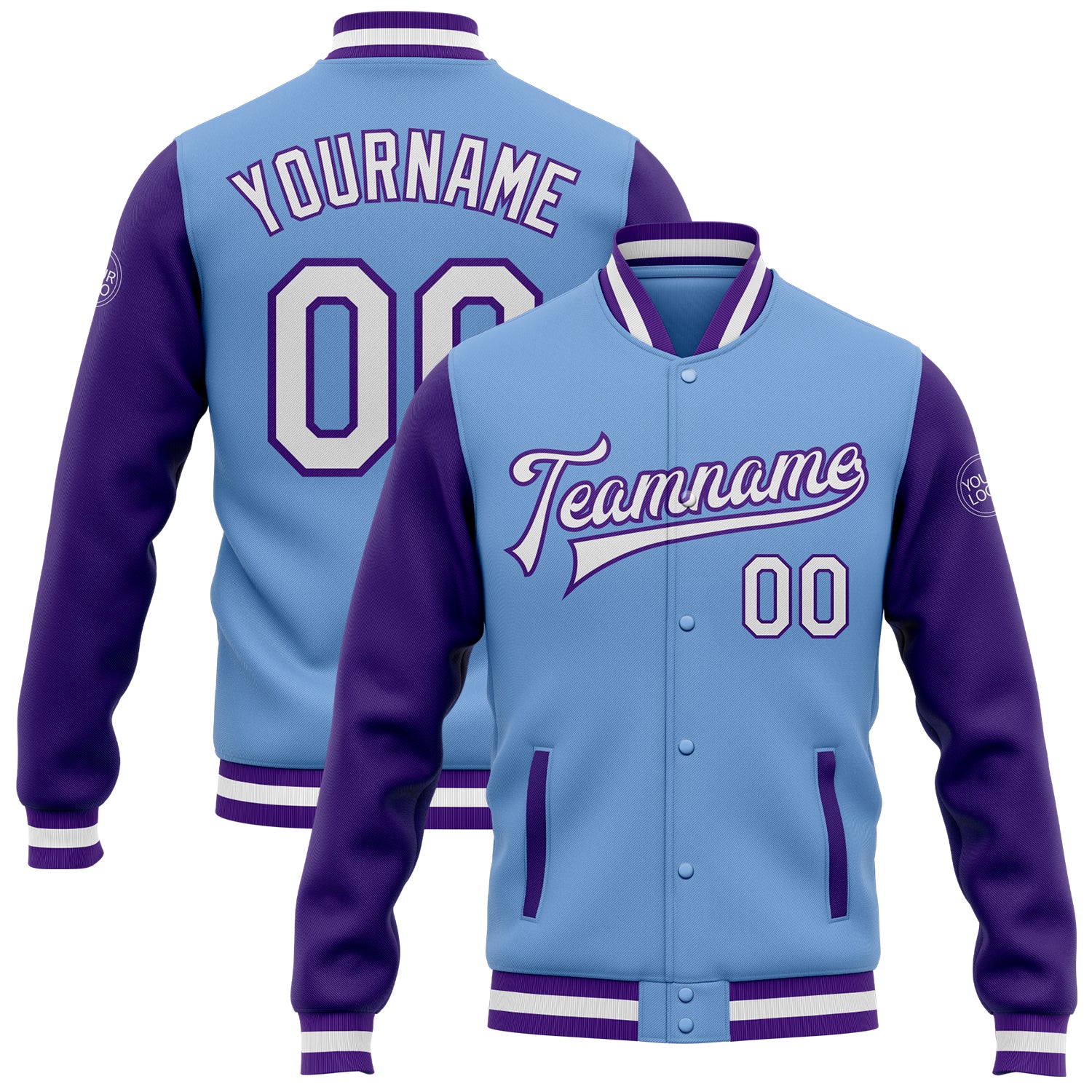 Custom Two Tone Bomber Jacket - Light Blue White-Purple Full-Snap Varsity Letterman with Personalized Name and Number Personalized