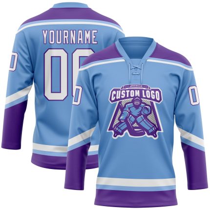 Custom Hockey Jersey with Personalized Name and Number in Light Blue and White-Purple Lace Design Personalized Light Blue