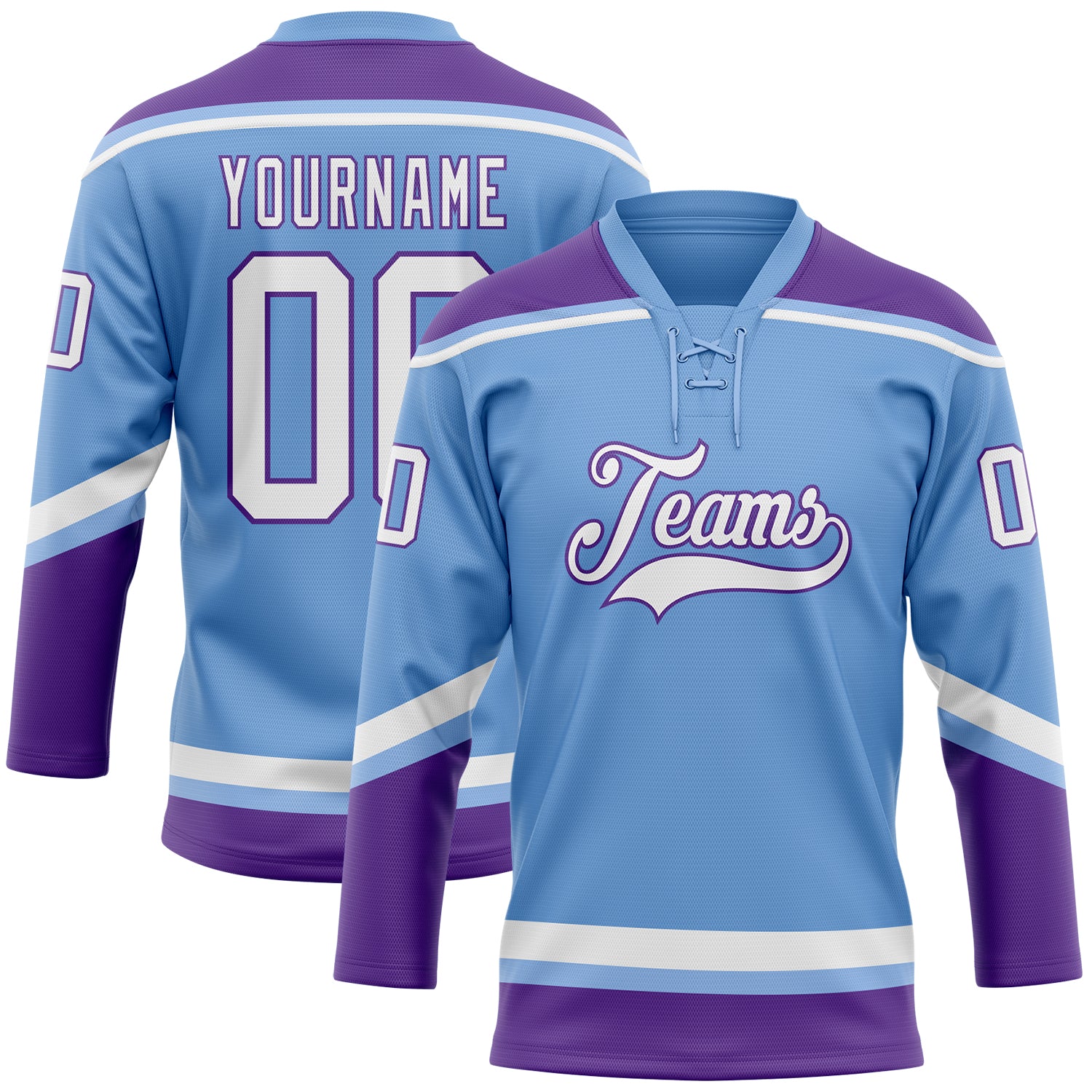 Custom Hockey Jersey with Personalized Name and Number in Light Blue and White-Purple Lace Design Personalized Light Blue